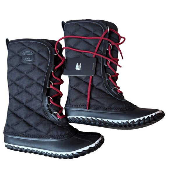 Sorel Women's Out N About Tall Snow Boots Size 6 Black Red Faux Fur Quilted Warm - Picture 6 of 6